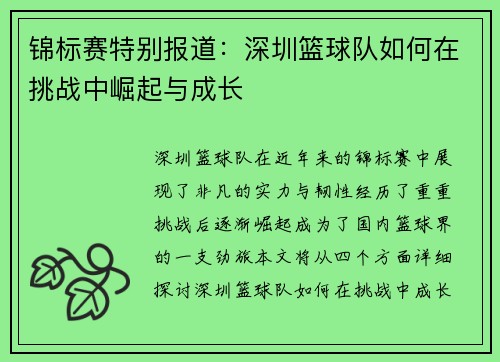 锦标赛特别报道：深圳篮球队如何在挑战中崛起与成长