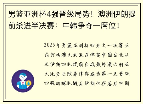 男篮亚洲杯4强晋级局势！澳洲伊朗提前杀进半决赛：中韩争夺一席位！